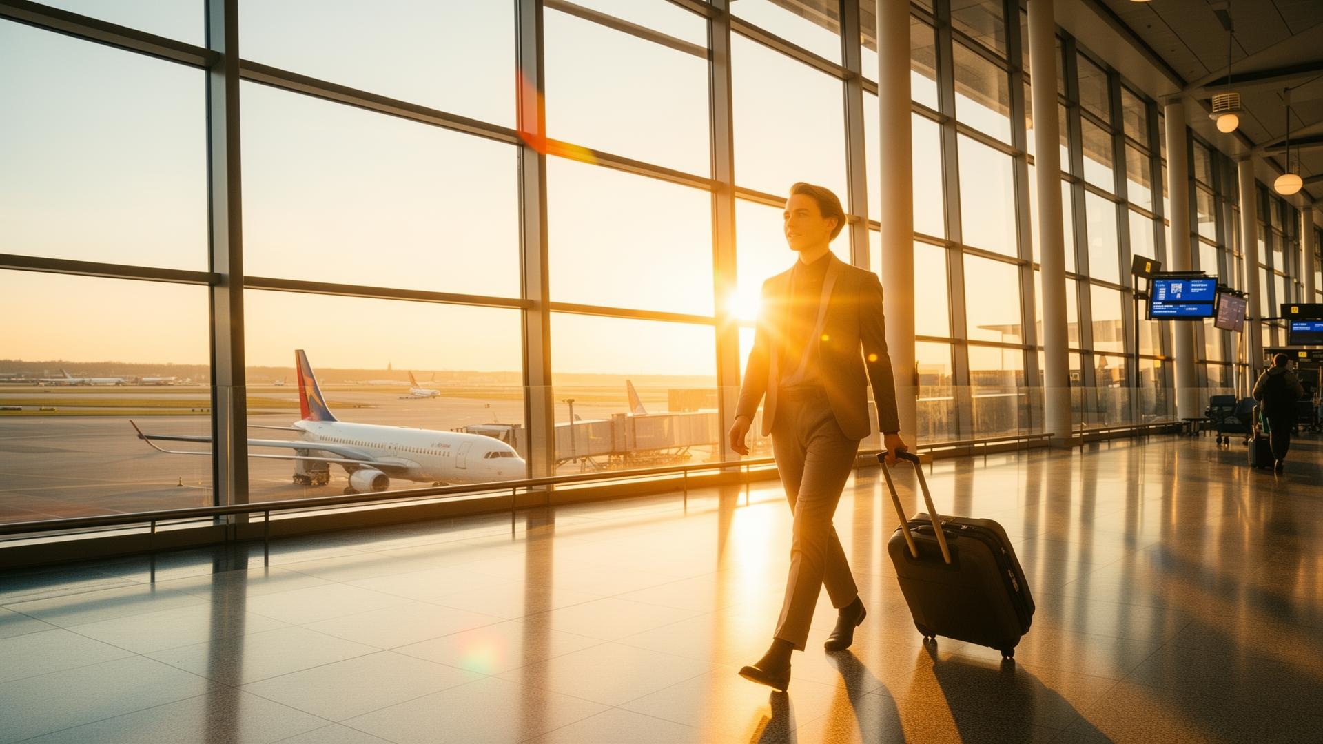 Traveller at an airport preparing to fly to Canada